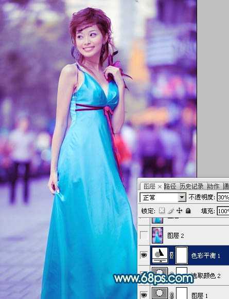 Photoshop下将街景美女图片调成时尚的青蓝色