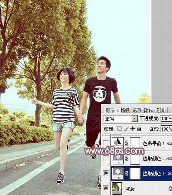 Photoshop为马路上奔跑的情侣图片调制出清爽的青黄色