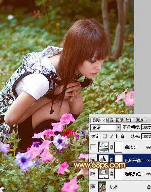 Photoshop为蹲在草地看花的美女图片增加上柔和的黄褐阳光色效果