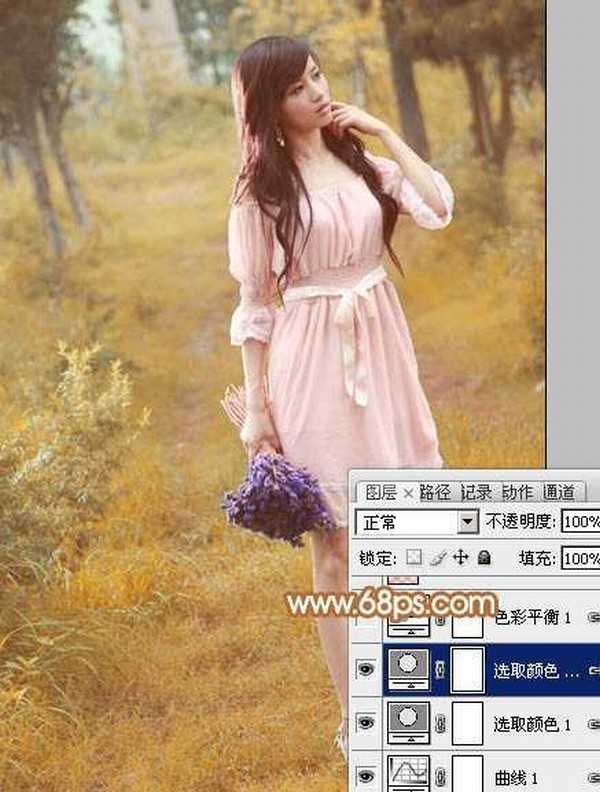 Photoshop为树林美女图片调制出柔和的淡黄早秋色