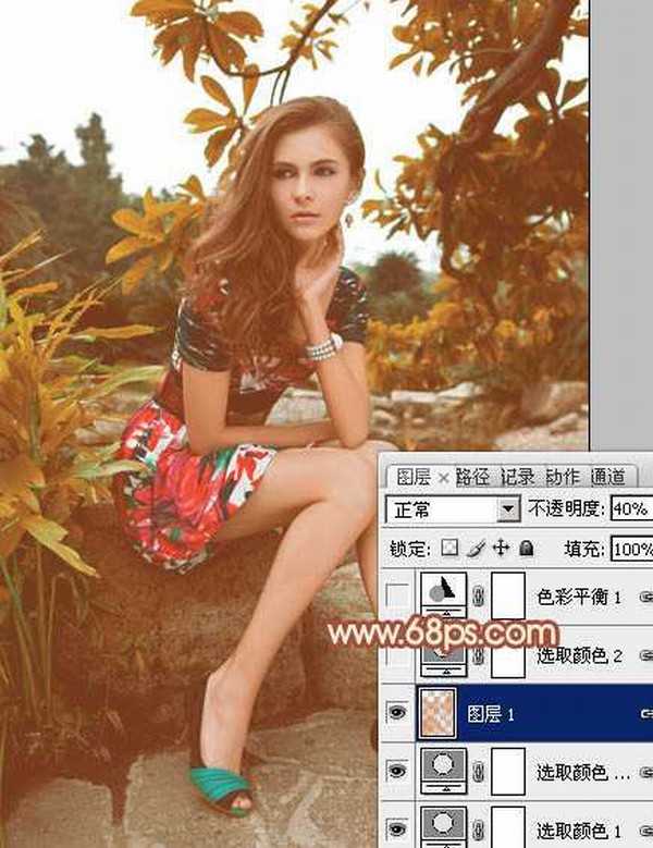 Photoshop将树林中的美女图片增加上秋季柔美的橙红色效果