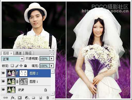 PS将绿色婚纱照调出梦幻紫色调效果