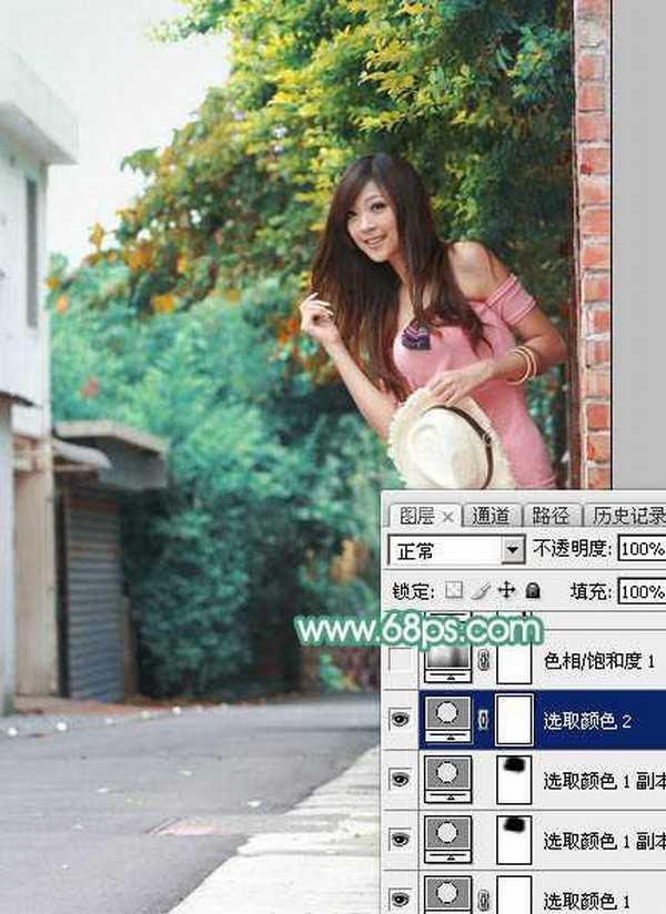 Photoshop为小路边的美女调制出甜美清爽的青红色