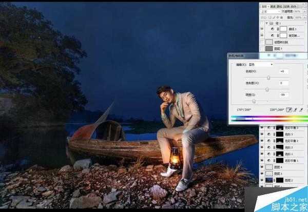 PS夜景下男子手提油灯的调色教程