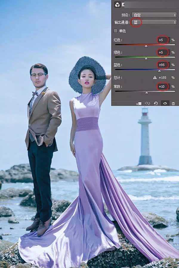 Photoshop利用通道混合器调出唯美的外景海边婚纱照片